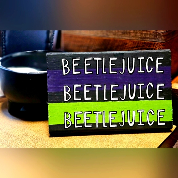 Handmade Solid 1" Wooden Beetlejuice Hanging Sign Decor Black Green Purple - Picture 2 of 11